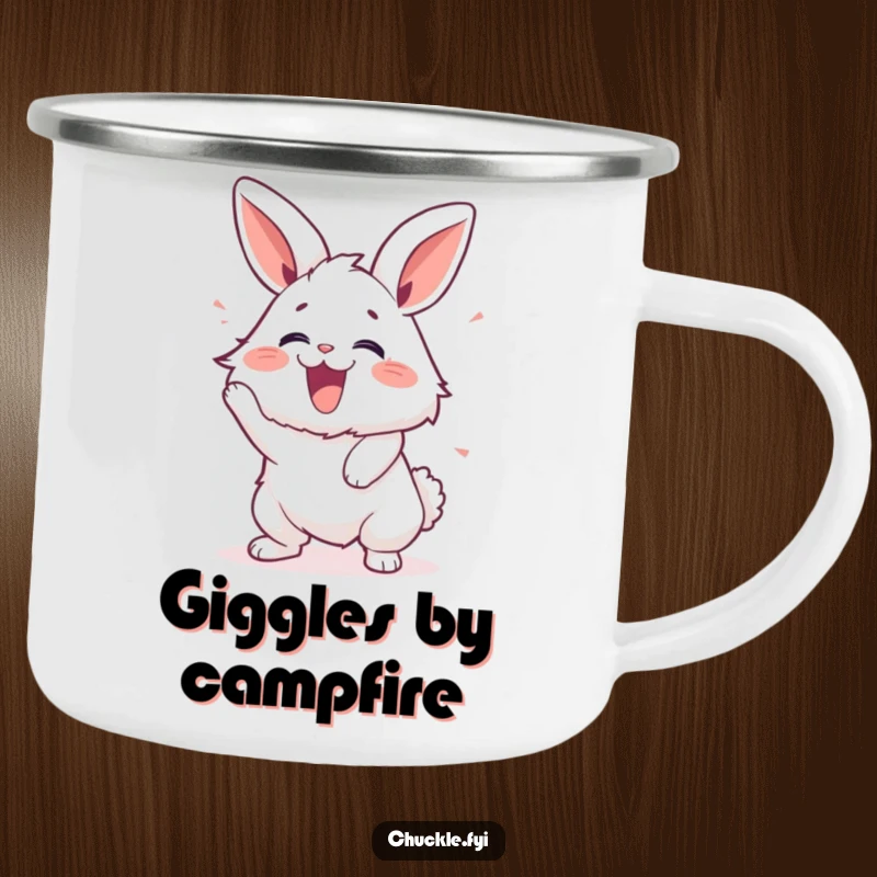 Funny camping mug with a fluffy bunny shaking with laughter, perfect for outdoor enthusiasts who love humor.