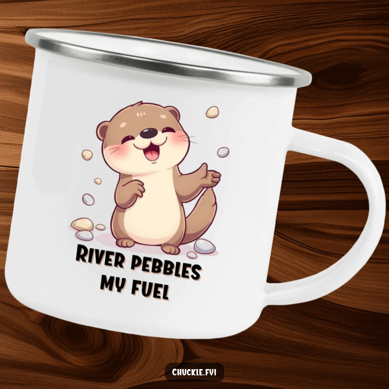 Funny otter juggling shiny pebbles on a rugged camping mug, perfect for outdoor adventures.