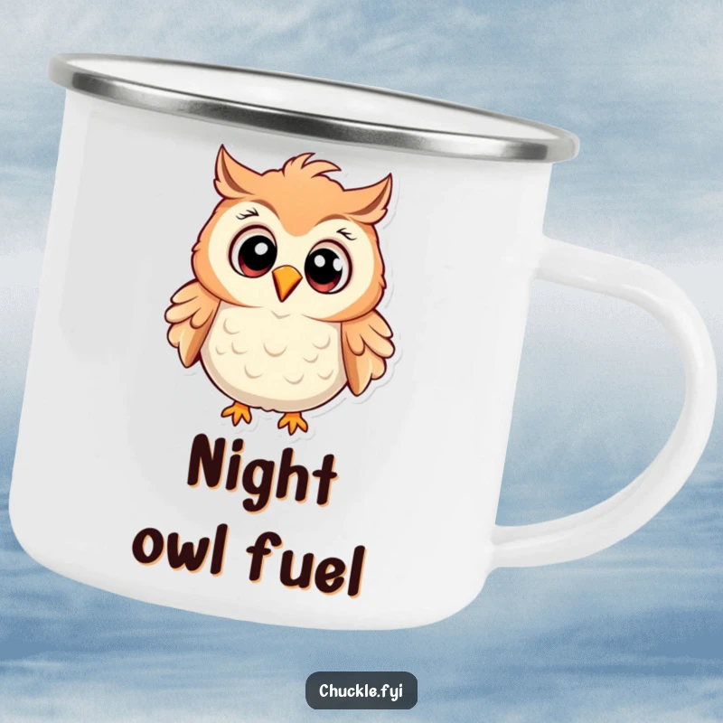 Funny Owl Camping Mug featuring a cartoon owl with wide eyes, chuckling heartily, ruffled feathers, for outdoor enjoyment.