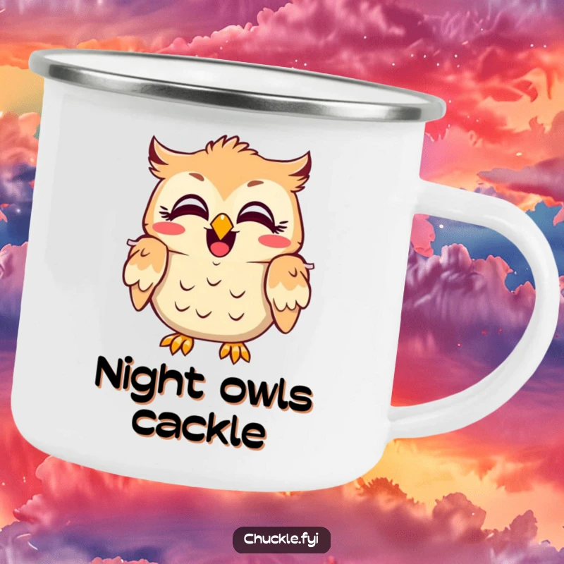 Funny owl camping mug with a character with wide, amused eyes, head shaking in laughter, perfect for rugged, humorous use.