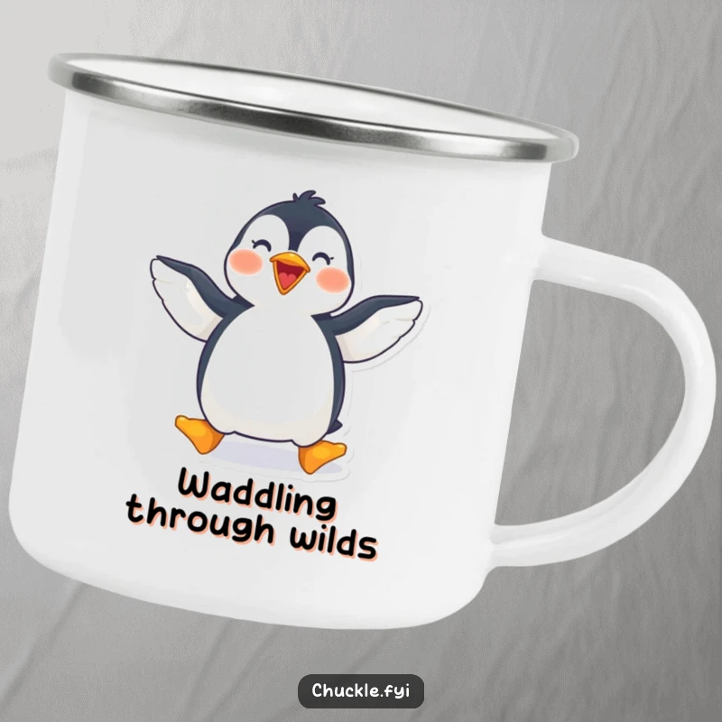 Funny penguin camping mug with a joyful penguin waddling with wings spread wide, built for outdoors.
