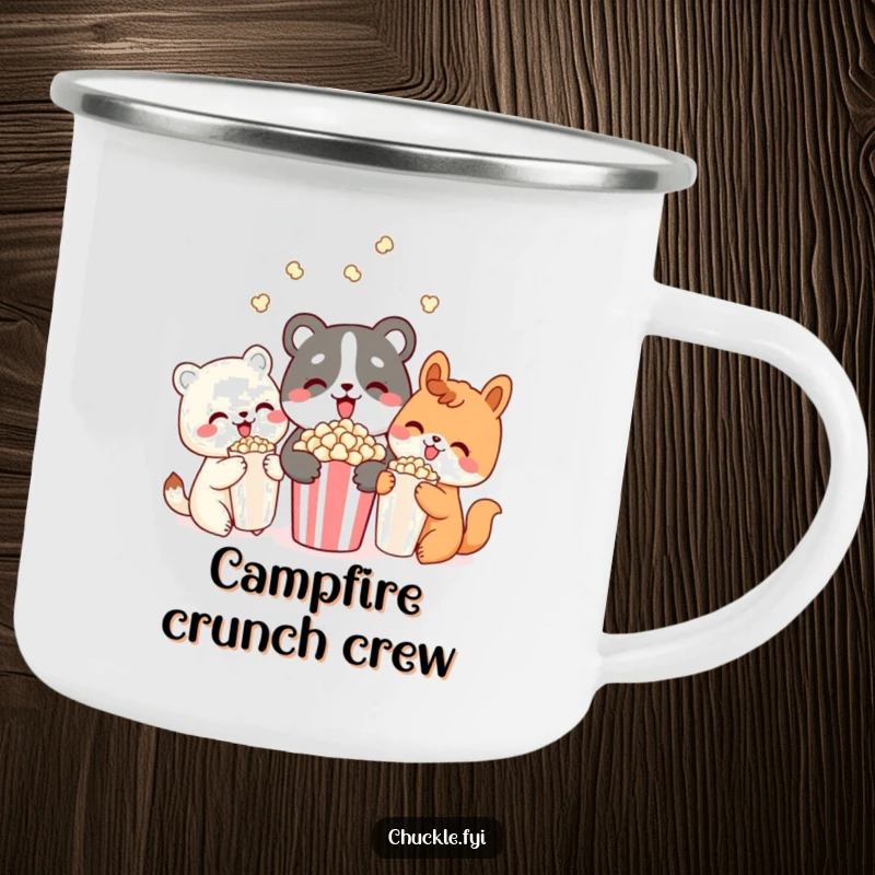 Funny camping mug depicting three cute animal characters delightedly sharing popcorn, perfect for adding humor to outdoor adventures and snack breaks.