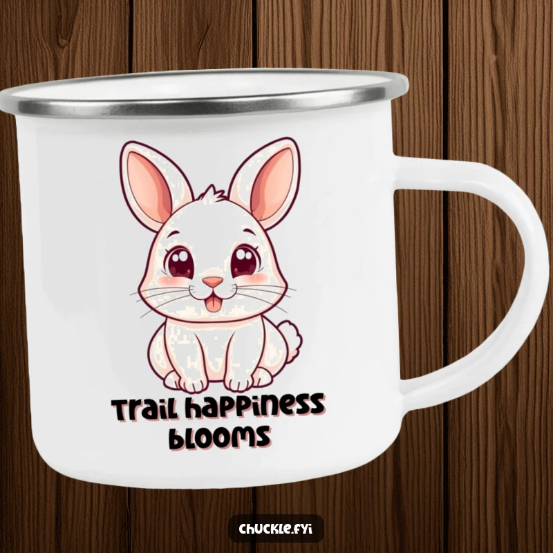 Funny camping mug featuring a small rabbit with wide, joyful eyes bopping its nose, perfect for outdoor smiles and warm drinks.