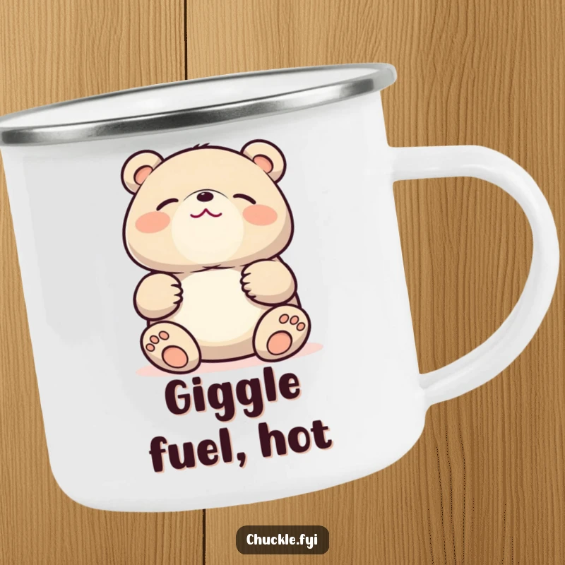 Funny Kawaii bear camping mug featuring a cute bear laughing heartily, stomach clutched, eyes shut, ideal for outdoor enjoyment.