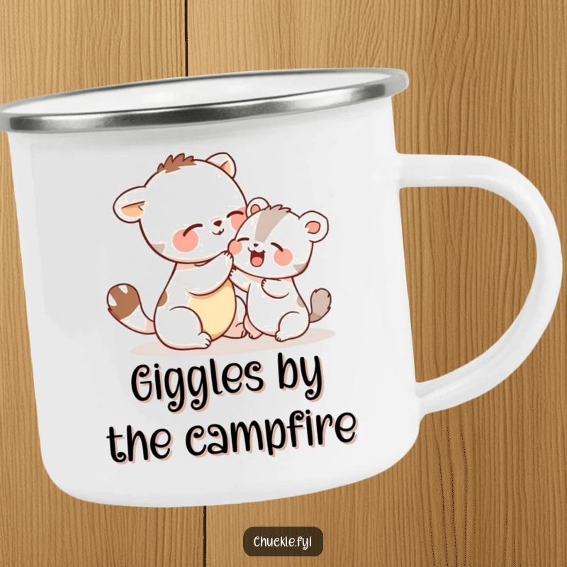 Funny camping mug depicting two cute animals playfully tickling each other and giggling, perfect for adding humor to outdoor excursions.