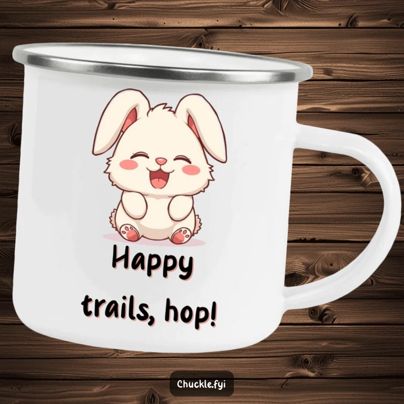 Funny camping mug with a fluffy bunny character giggling uncontrollably, ears flopped over in delight. Outdoor giggles.