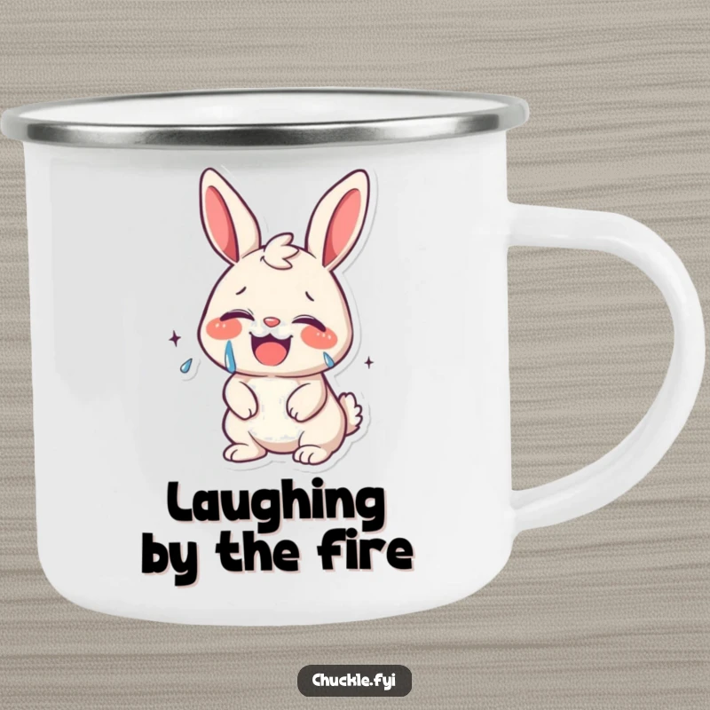 Funny kawaii bunny giggling uncontrollably, tears of joy streaming, on a durable campfire mug, ideal for outdoor enjoyment.