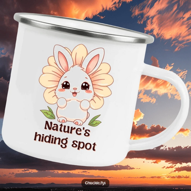 Funny fluffy bunny camping mug character with wide, curious eyes, peeking from behind a giant, laughing flower, for outdoor enjoyment.