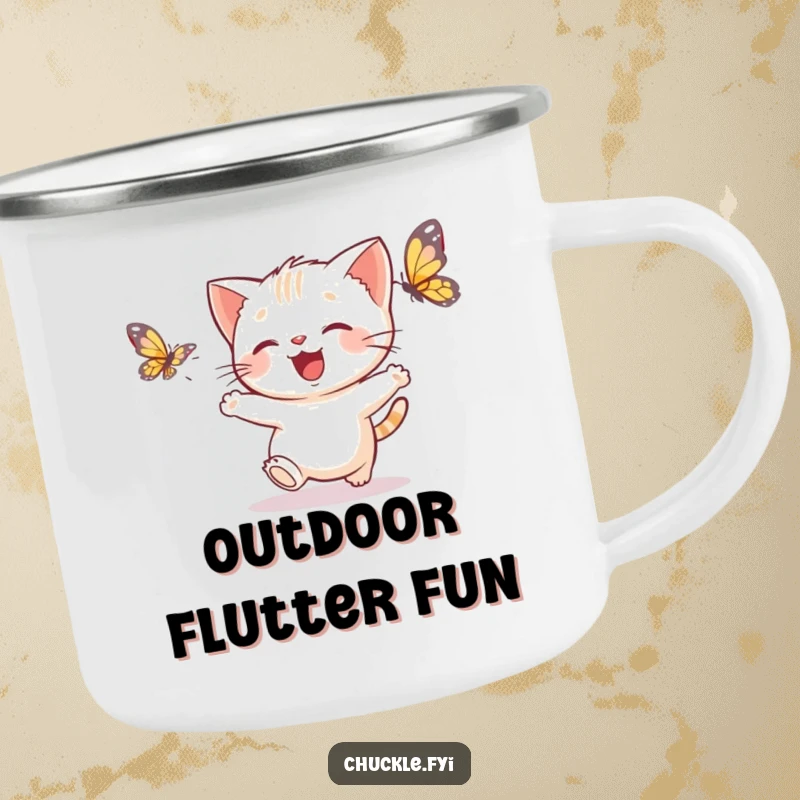 Funny kitten butterfly camping mug showing a delighted kitten chasing a fluttering butterfly, a durable funny gift.