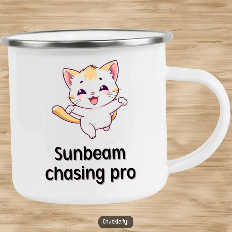 Funny playful kitten camping mug character chasing a beam of light with a joyous bounce, for enjoying drinks outdoors.