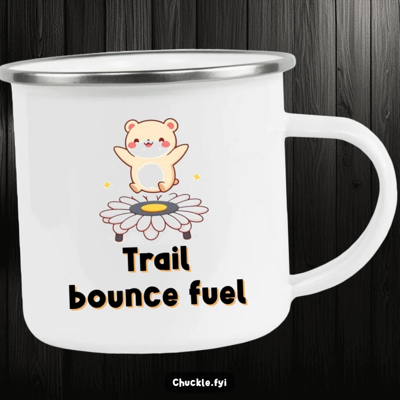 Funny camping mug featuring a round animal character joyfully bouncing on a daisy trampoline, celebrating outdoor fun and happy moments.