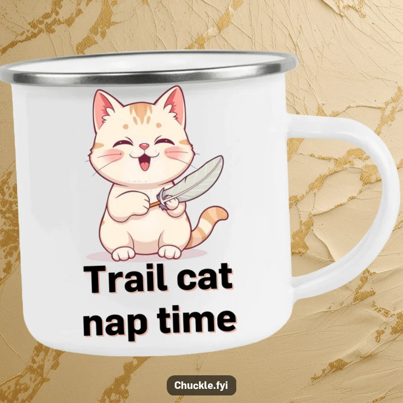 Funny camping mug showing a contented cat purring loudly while batting a feather toy, perfect for outdoor fun.