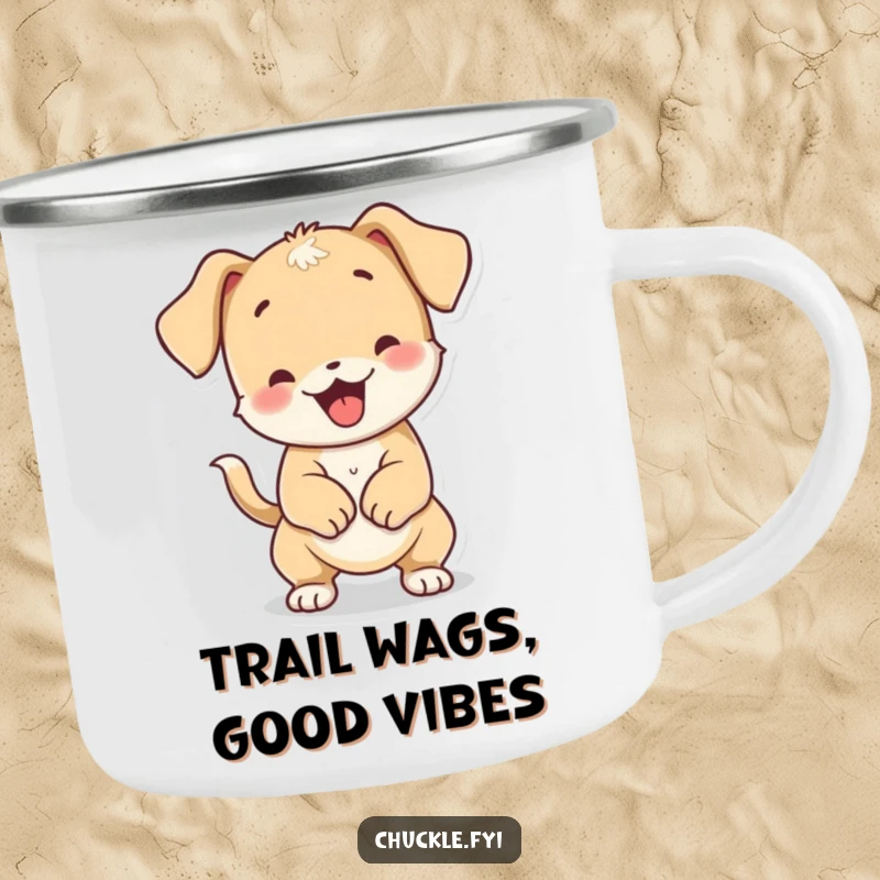 Funny playful puppy character doing a full-body wiggle from tail wagging, on a camping mug.