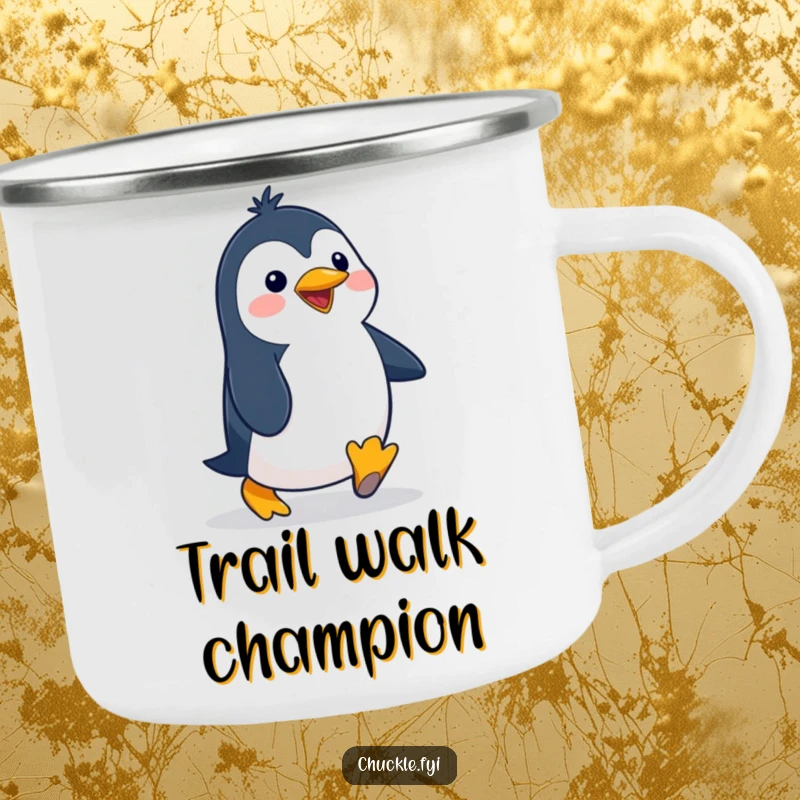 Funny penguin camping mug showcasing a delighted cartoon character waddling with a silly, exaggerated gait, ideal for outdoor humor.