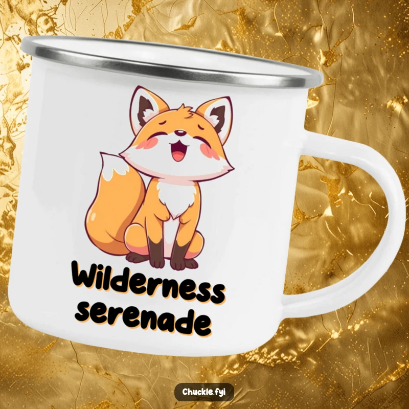 Funny Playful Fox Camping Mug with a fox's head back, joyfully howling, perfect for outdoor adventures.