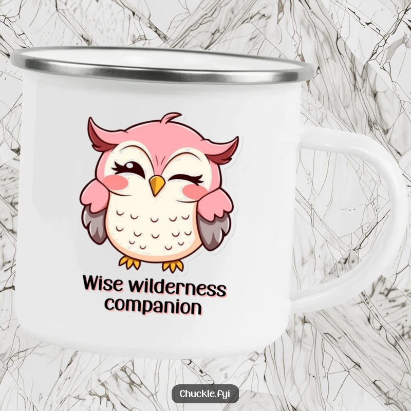 Funny owl camping mug with a happy owl winking sideways, built for outdoor adventures.