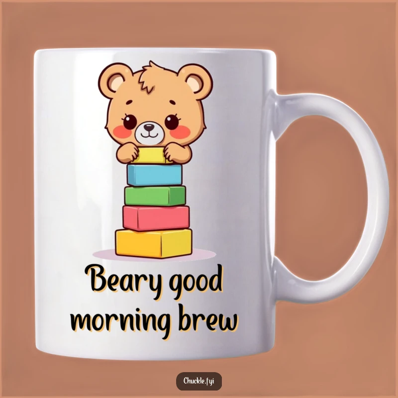 Funny Bear Cub Mug: Balancing Blocks Character, A Hilarious and Brave Funny Gift