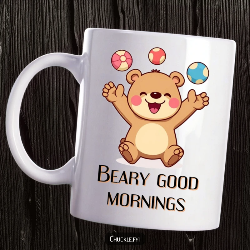 Funny mug featuring a cheerful bear character joyfully juggling three colorful balls, a wide smile on its face. Happy juggling captured.
