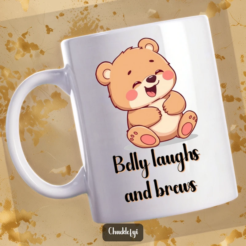 Funny mug featuring a little bear cub giggling uncontrollably, holding its belly, expressing sheer delight and infectious humor.