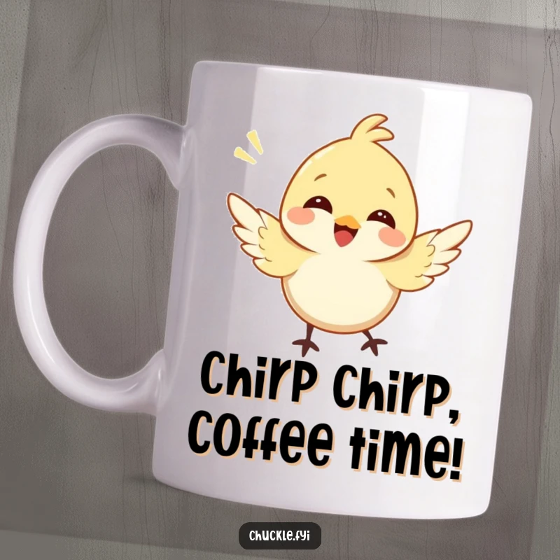 Funny bird mug featuring a happy cartoon bird with wings spread wide, joyfully chirping with a big smile.