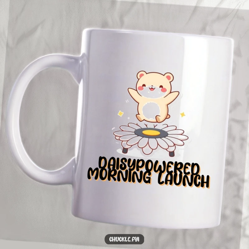Funny mug featuring a small, round animal character gleefully bouncing high on a daisy trampoline, expressing pure joy and playful energy.