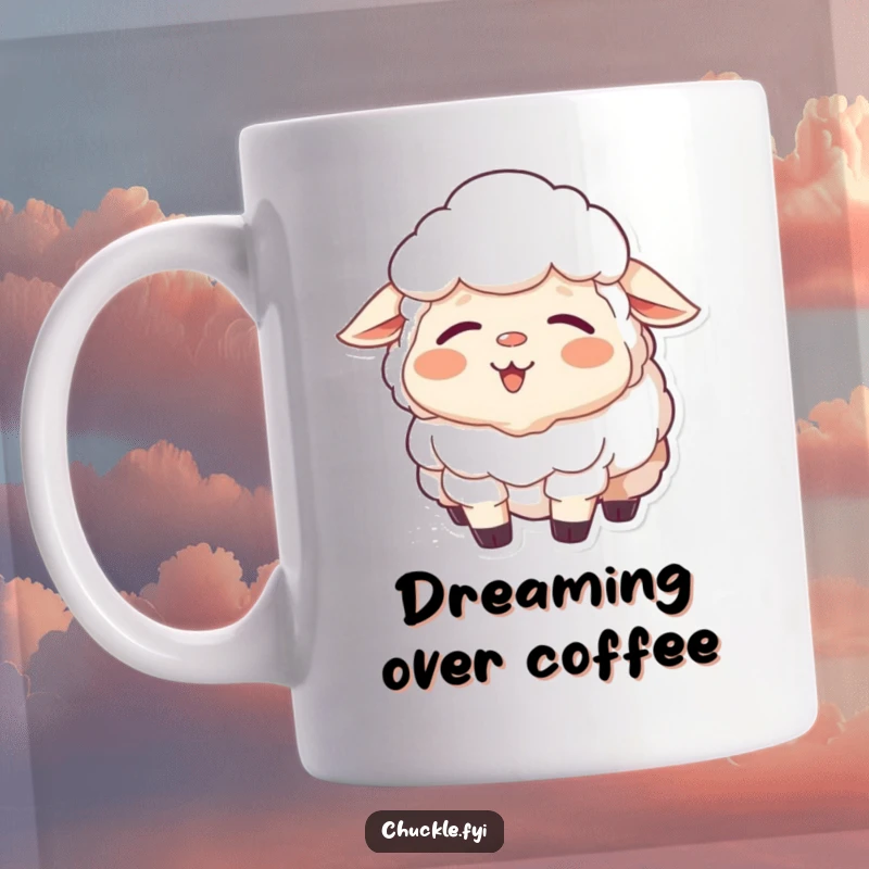 Funny Sheep Mug: A sleepy sheep yawning with a wide, happy, contented smile, radiating pure, gentle humor.