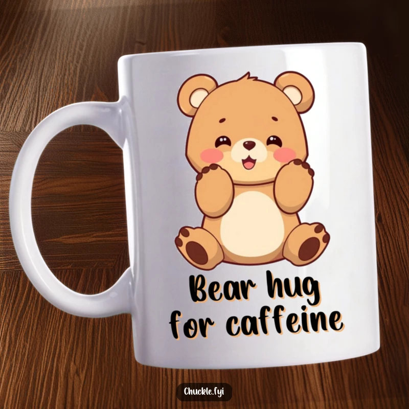 Funny cheerful bear cub character clapping paws enthusiastically on a mug, radiating pure delight.