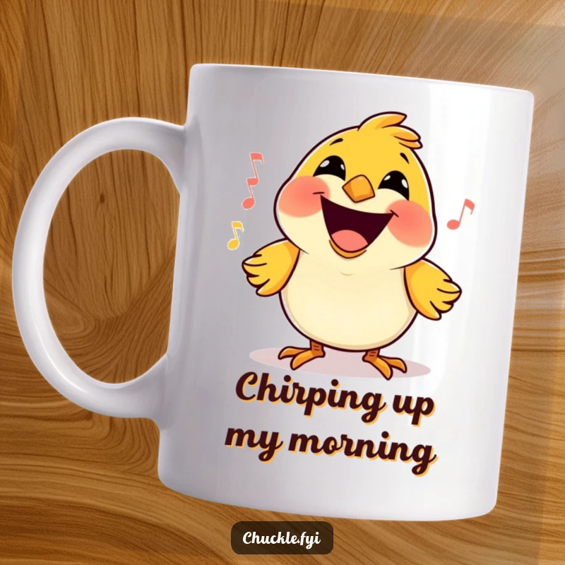 Funny Bird Mug featuring a happy little cartoon bird with a massive grin, singing a joyful tune, radiating pure happiness.