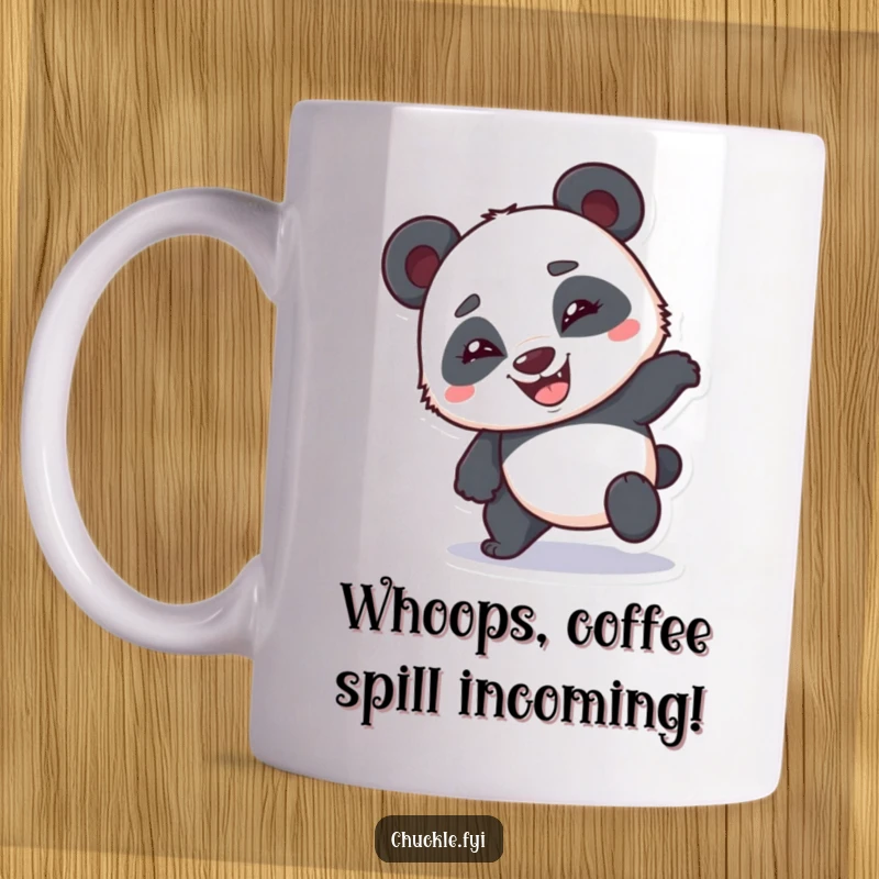 Funny bumbling panda mug featuring a clumsy panda tripping with a wide, goofy grin, perfect for a funny gift.