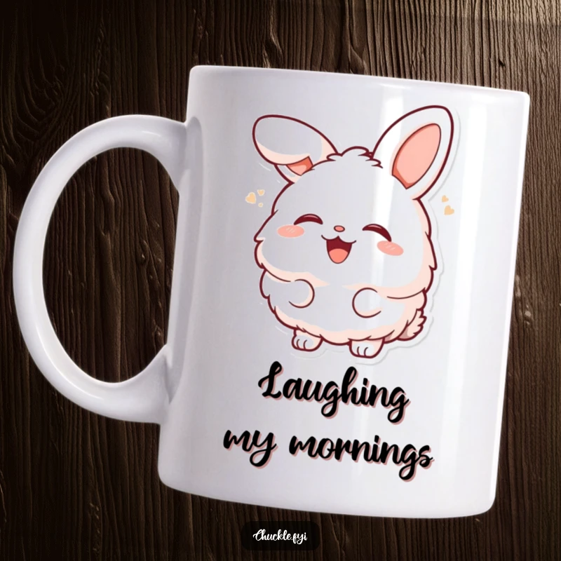 Funny fluffy bunny character laughing heartily with head tilted back on a mug, expressing pure joy and amusement.