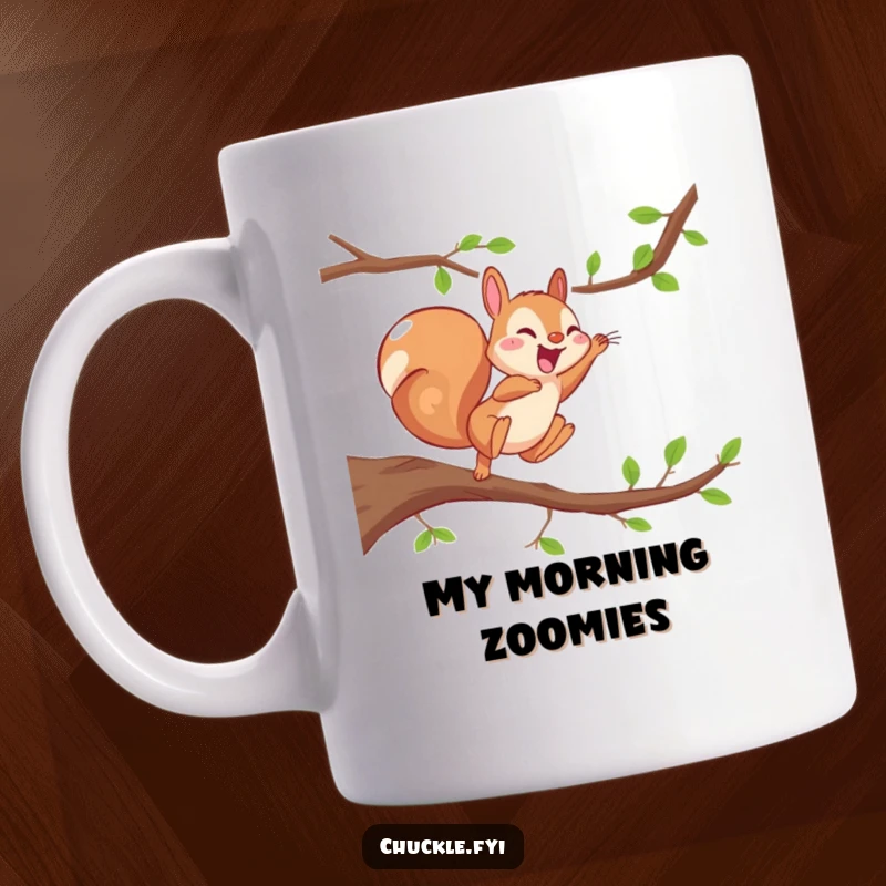 Funny Energetic Squirrel Mug showing a squirrel leaping from a branch, giggling with pure, unadulterated joy and fun.