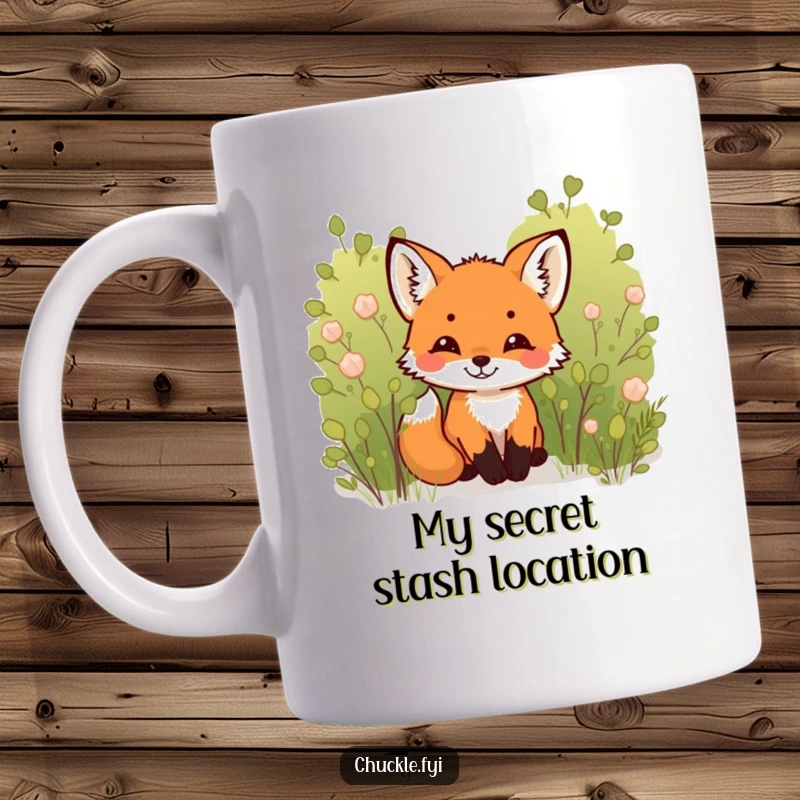Funny Fox Cub Mug: A tiny, cute fox cub peeking from behind a bush, chuckling with pure joy and mischief.