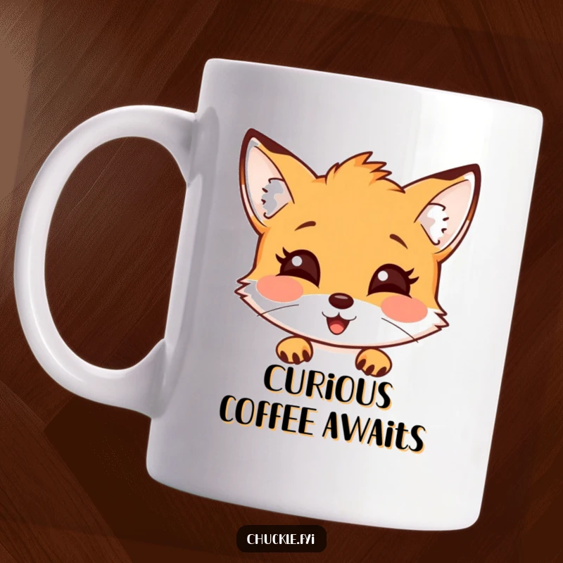 Funny fox mug featuring a curious fox with a delighted expression, peeking out playfully, perfect for coffee.