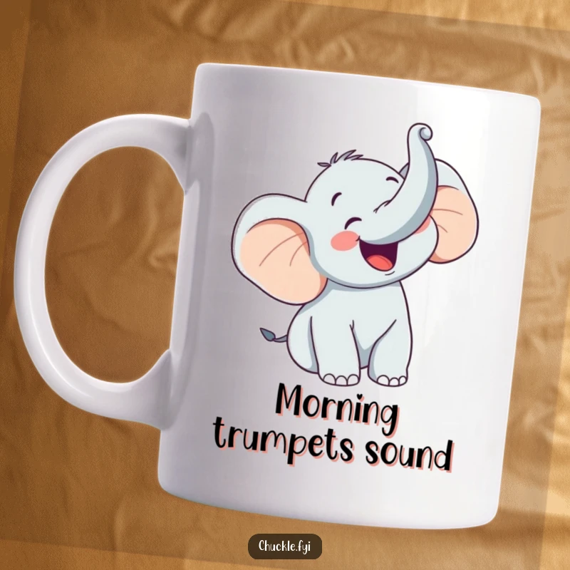 Funny mug showing a happy elephant character with its trunk raised high, trumpeting loudly with an expression of absolute glee.