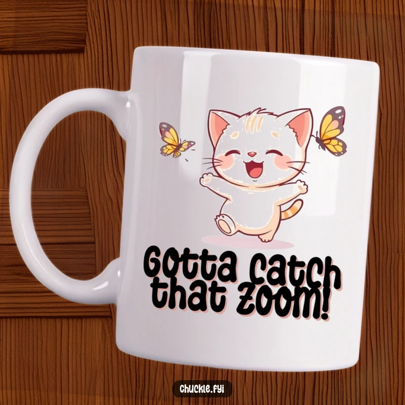 Funny kitten butterfly mug featuring a delighted kitten joyfully chasing a fluttering butterfly, a cute funny gift.