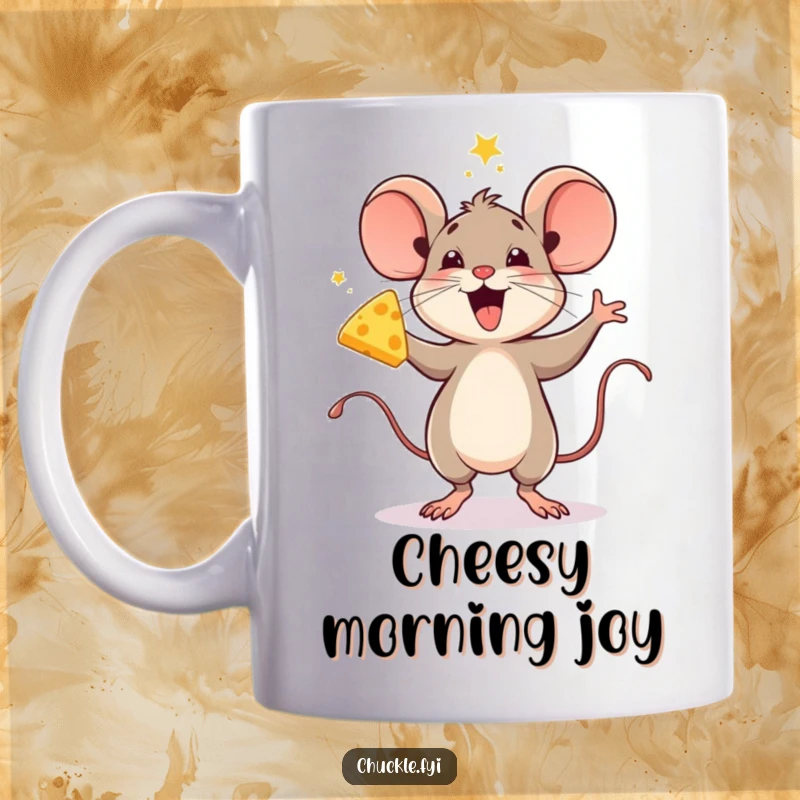 Funny mug showing a delighted mouse doing a celebratory jig, holding a piece of cheese with pure joy.