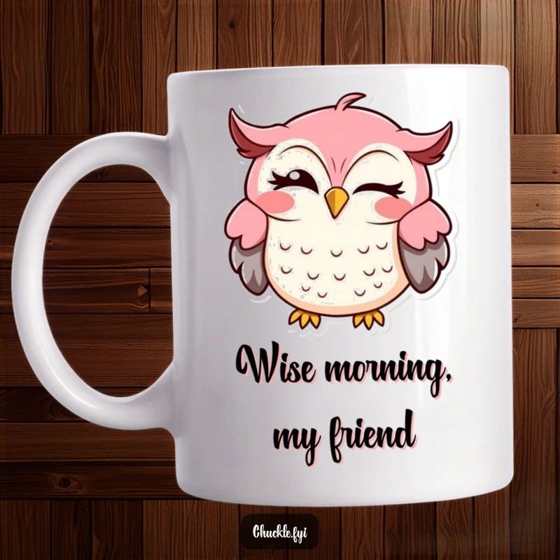 Funny owl mug featuring a cute, happy owl winking with a mischievous sideways grin, perfect for coffee lovers.