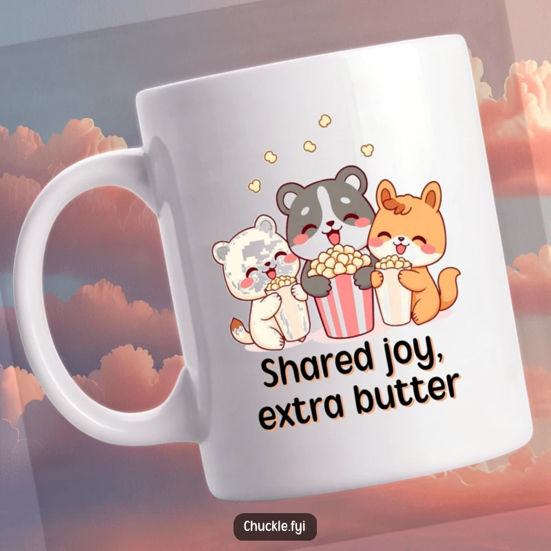 Funny mug showing three cute animal characters happily sharing a bowl of popcorn together, their faces expressing shared delight and friendship.