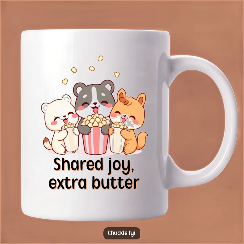 Funny Popcorn Pals Animal Mug: Delighted Friends Sharing Snacks, Perfect Gift