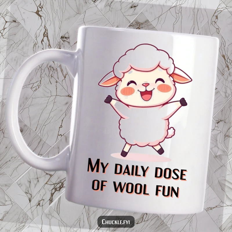 Funny Sheep Mug featuring a joyful cartoon sheep with rosy cheeks, doing a silly, wobbly dance, radiating pure happiness.