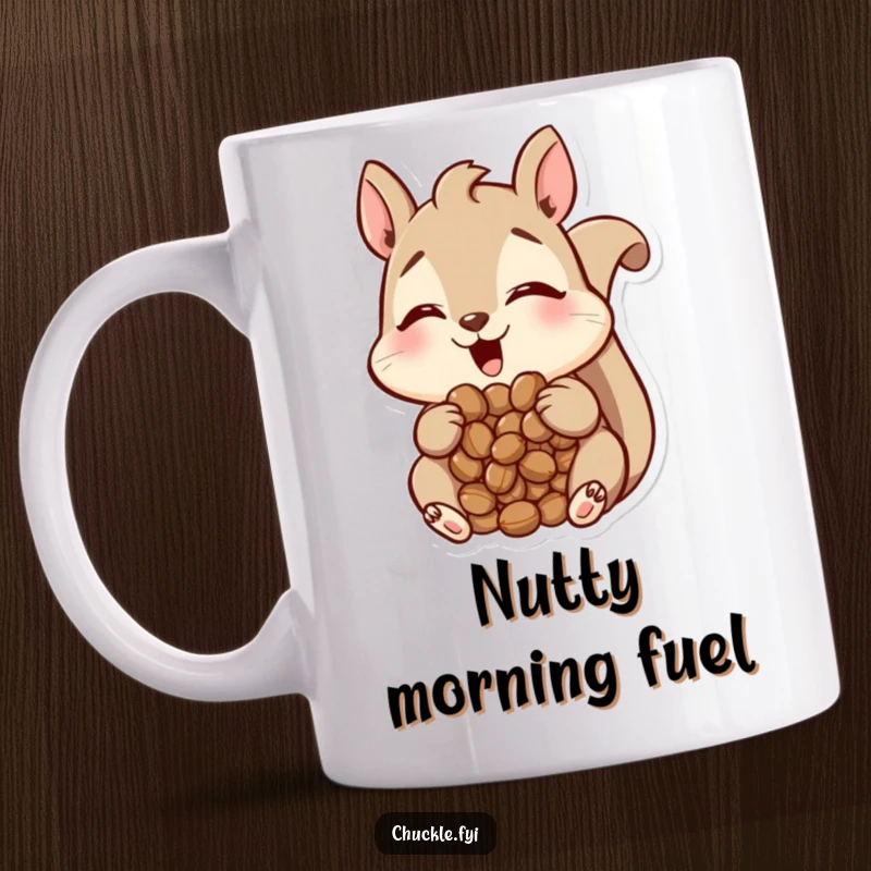 Funny Squirrel Mug with a happy squirrel character holding a mouthful of nuts, looking utterly amused, a hilarious and funny gift.