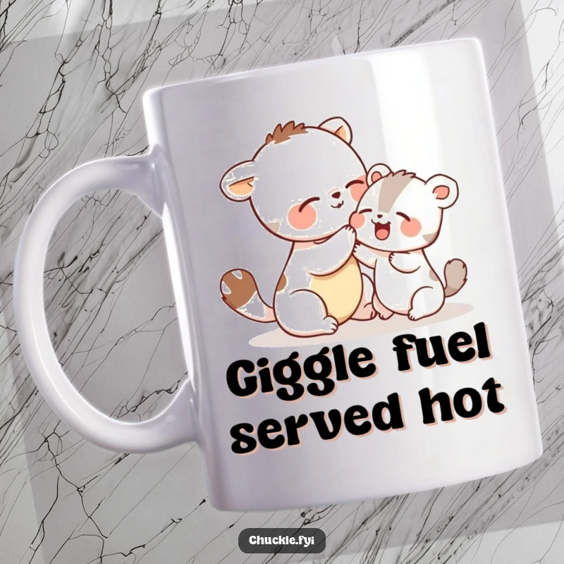 Funny mug showing two cute animals playfully tickling each other and erupting into shared giggles, highlighting friendship and pure amusement.