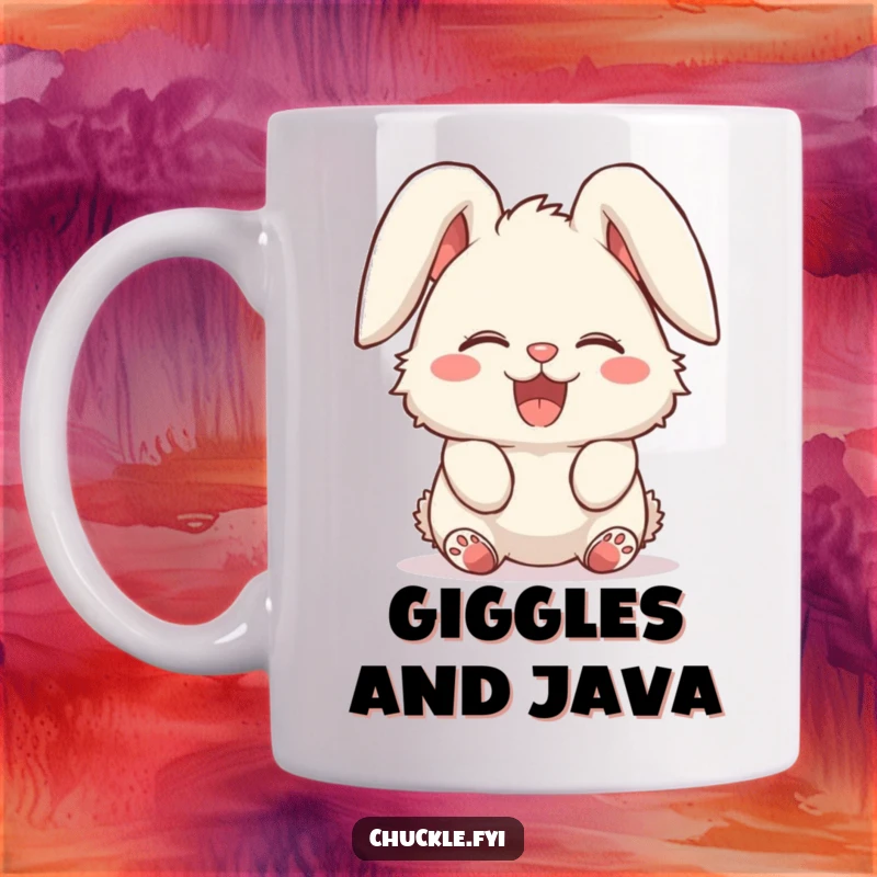 Funny mug featuring a fluffy bunny character giggling uncontrollably, its ears flopped over in pure delight. Infectious laughter captured.