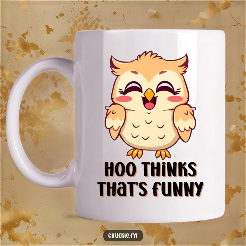 Funny owl character mug, eyes wide with amusement, shaking its head in hearty laughter, radiating pure, contagious mirth.
