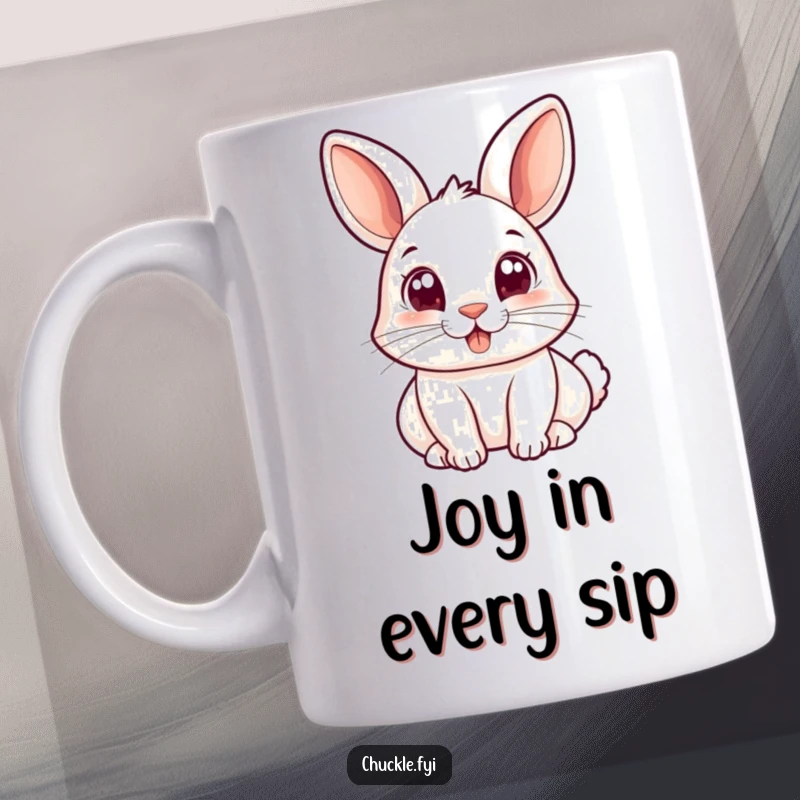 Funny mug featuring a small rabbit with wide, joyful eyes bopping its nose, expressing pure, innocent delight and charm.