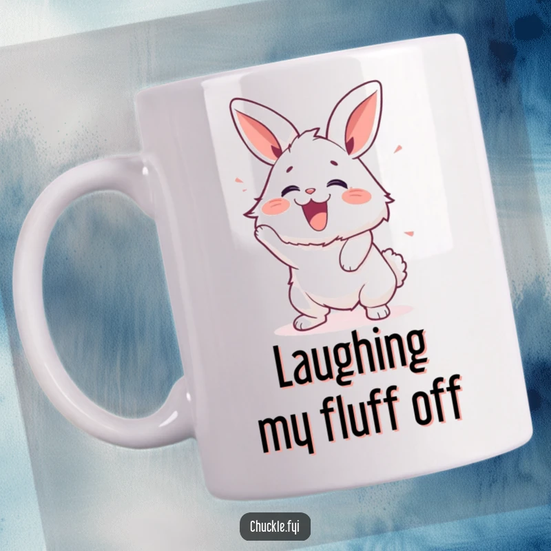 Funny mug featuring a fluffy bunny vigorously shaking with laughter, its eyes crinkled in pure amusement.