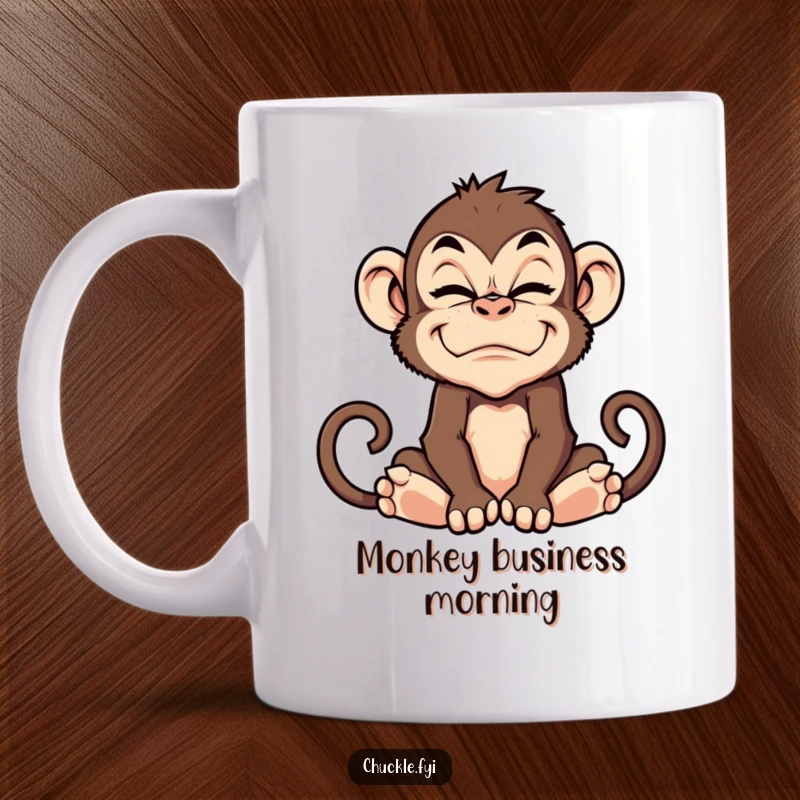 Funny silly monkey character making a comical and exaggerated grimace on a mug.