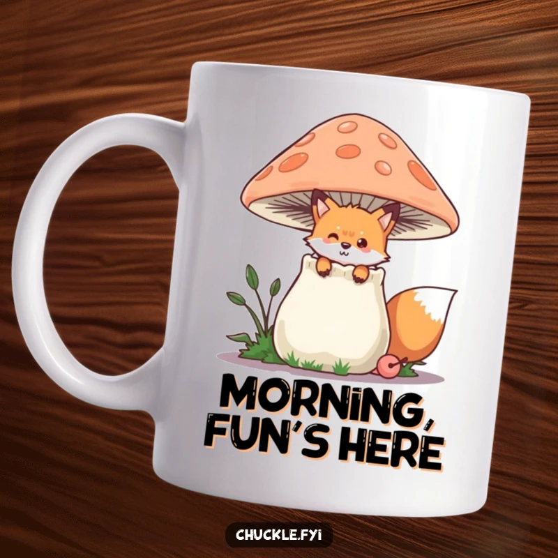 Funny Fox Mug with a small playful fox peeking from behind a large, chuckling mushroom, whimsical and funny gift.