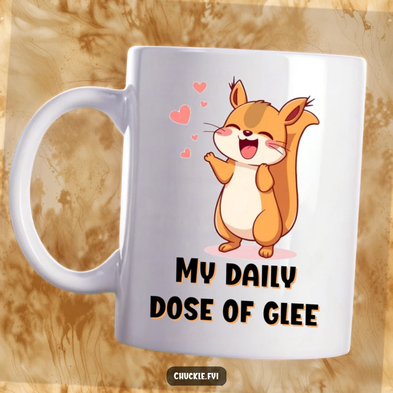 Funny Kawaii squirrel mug depicting a cute squirrel chattering excitedly while jumping up and down with pure amusement and energy.