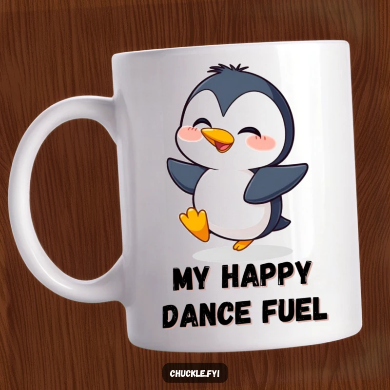 Funny mug featuring a giggling penguin character waddling with unrestrained excitement and a wide, joyful smile.